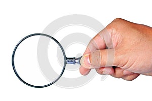 Hand hold magnifying glass isolated on white