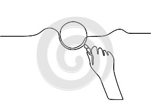 Hand hold magnifying glass with one continuous line art drawing vector illustration minimalist design isolated on white background