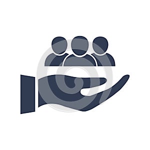 Hand hold man icon. Customer service support. Safe person concept.