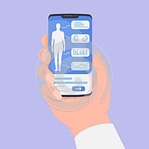 Hand hold medical smartphone apps with human body data reports analysis data with flat style