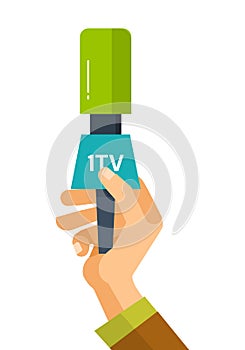 Hand hold microphone, reporters interview for publishers, press, television.