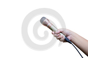 hand hold microphone on white background. interview and talking news concept.