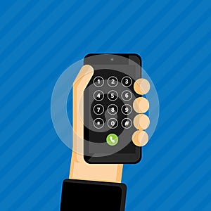 Hand hold mobile phone on blue background,