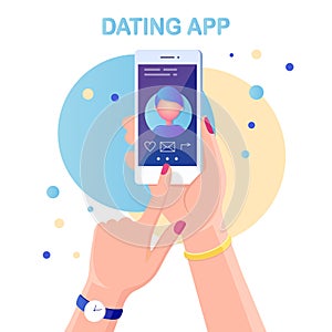 Hand hold mobile phone with dating app profile on display. Application for find love. Site for search couple. Vector flat design