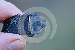 hand hold a one dirty old small black plastic carabiner on a harness