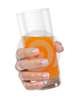 Hand hold the orange juice glass on white