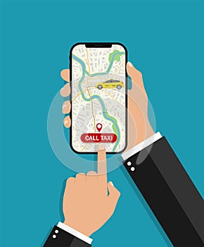 Hand hold phone with app uber taxi. Online booking car in service taxi for delivery. Using gps map in application for travel.