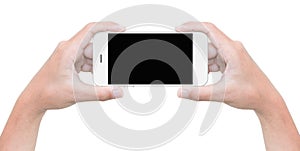 Hand hold phone isolated on white with clipping path