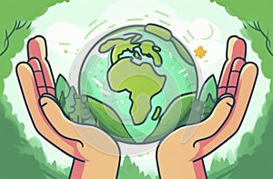 Hand hold and protect the globe glass world with a green leaves in forest background