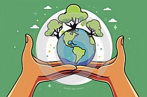 Hand hold and protect the globe glass world with a green leaves in forest background