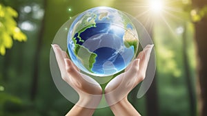 Hand hold and protect the globe glass world with a green leaves in forest background