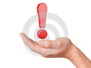 Hand hold red exclamation mark on white background