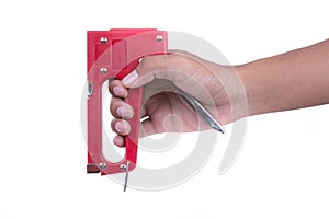 Hand hold red tacker white background