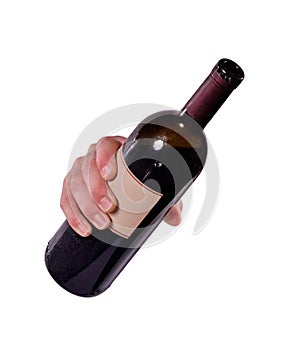 Hand hold a red wine bottle