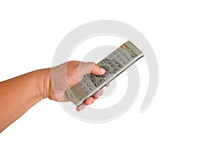 Hand hold Remote control tv on a white background. path