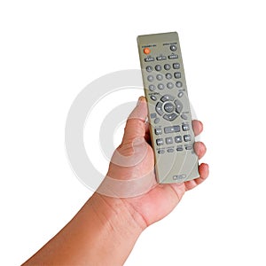 Hand hold Remote control tv on a white background. path