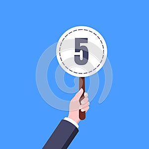 Hand hold round score card banner plate with number 5 business concept flat style design vector illustration.