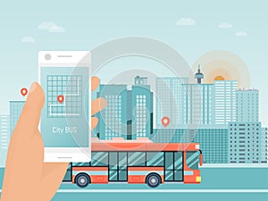 Hand hold smart phone app, city bus travel tour, autobus mobile application flat vector illustration. Street coach urban