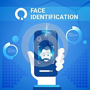 Hand Hold Smart Phone Face Identification Technology Scannig Man Access Control System Biometrical Recognition Concept
