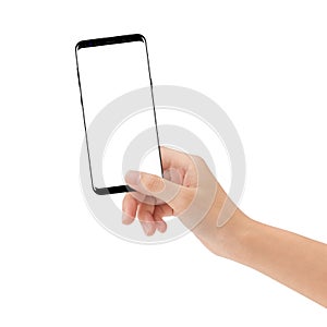 Hand hold smart phone isolated on white background