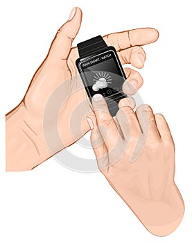 Hand hold smart-watch. Gesture Tap.