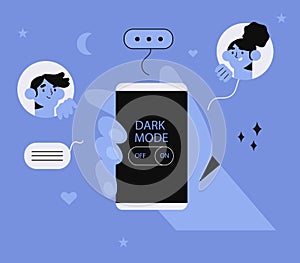 Hand hold smartphone with dark or night mode or theme on. People chatting or working at night with light-on-dark color scheme