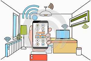 Hand Hold Smartphone With Smart Home Control System Application Over Modern House Interior Background