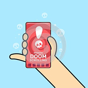 a hand hold a smartphone with text doom scrolling. Vector Illustration