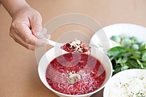 Hand hold spoon of red fresh blood mixed with minced pork ,Thai herbs ingredients. Spicy bloody salad menu on spoon and bowl,