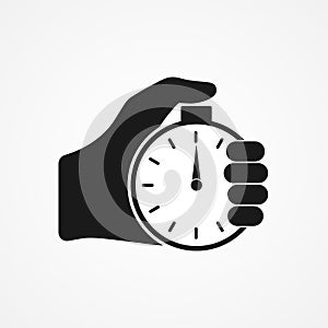 Hand hold stopwatch. Vector flat cartoon illustration