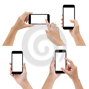 Hand hold and using phone isolated on white background