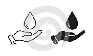 Hand Hold Water Drop Line and Silhouette Icon Set. Aqua Resource, Environment Protection. Hygiene Health Care, Clean