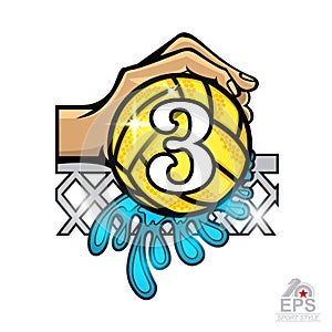 Hand hold water polo ball with water splash and number three in the middle. Vector sport logo on white for any team or competition