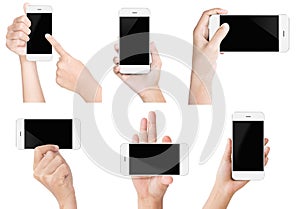 Hand hold white modern smart phone show screen display isolated photo