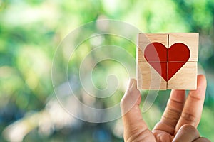 Hand hold wooden cube with heart sign icon on and copy space nature sunlight you can put text on background. Valentine love season