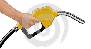 Hand hold yellow fuel nozzle on a white