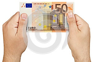Hand Holding 50 euro banknote Isolated
