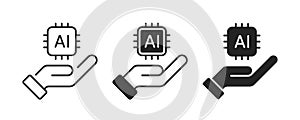 Hand holding AI chip icon. Hand holding artificial intelligence microchip technology icon. Hand holding microchip vector icon