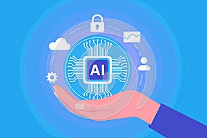 Hand Holding AI Processor Chip with Digital Icons Artificial Intelligence Technology Concept