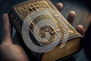 Hand holding an ancient Bible the Word of God Generative AI Illustration