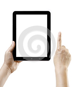 Hand holding android tablet like ipade with blank screen space