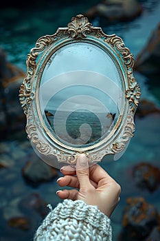 Hand holding an antique vanity mirror