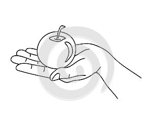 Hand holding an apple. Apple in hand icon. Concept of healthy lifestyle. Vegetarian or vegan food. Light snack