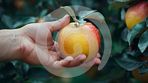 A hand holding an apple in a tree with leaves, AI
