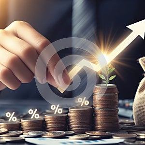 hand holding the arrow with ?oins stacks on table