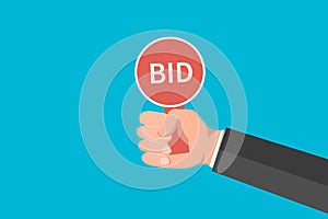 Hand holding auction paddle. Flat vector illustration.