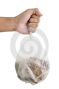 Hand holding bag of garbage waste, isolated on white background