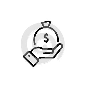 Hand holding bag with money icon in black. Money sack sign. Vector on isolated white background. EPS 10
