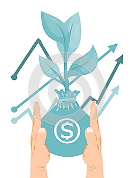 Hand holding bag with money tree vector illustration. Return on investment, profit opportunity plant, increase chart