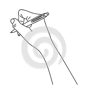 Hand holding ball pen vector line art isolated.